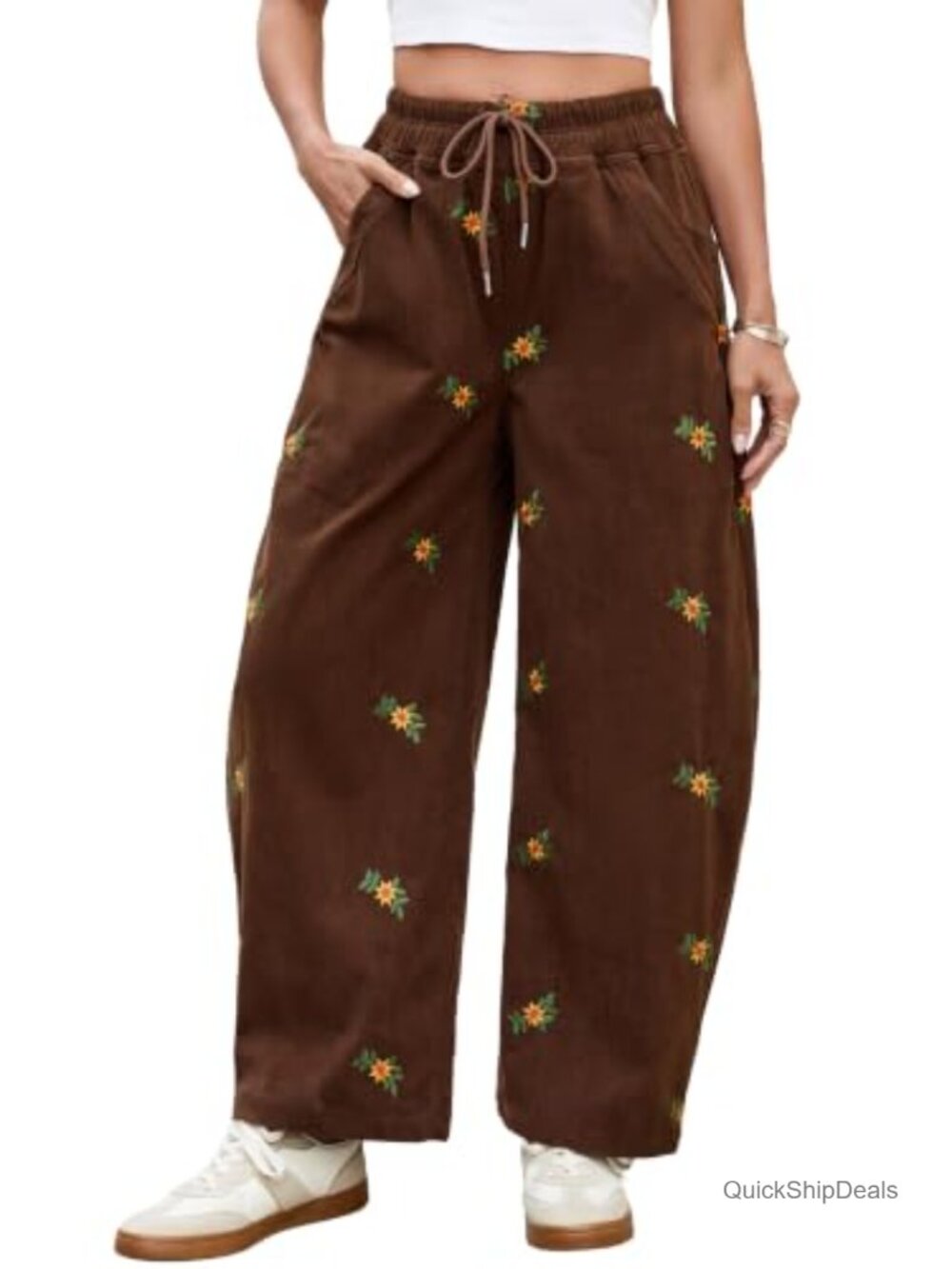 Women's Corduroy Barrel Leg Pants Floral Drawstring Wide Leg Casual
